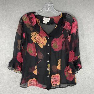 TESS Top Womens Sz 6 Silk Floral Button Down Ruffle Shirt Blouse Vintage Y2K 90s